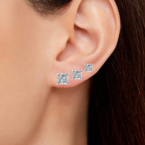 14K Gold Plated CZ Princess Cut Stud Earrings - Picture 4 of 4